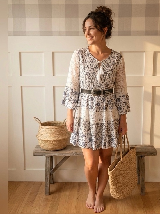 Vintage Concept Dresses & Skirts - Chic Bohemian Lace Dress in Blue and White Size Small